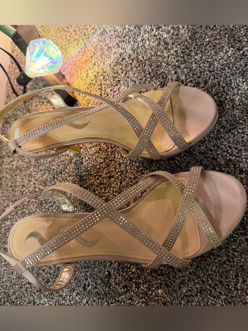 Nina Champagne Strappy Open Heels With Beautiful Rhinestones Size 8 New! - Picture 3 of 9